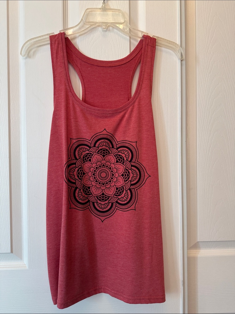 Women's coral Pink Racerback Yoga Tank with Black Mandala Print